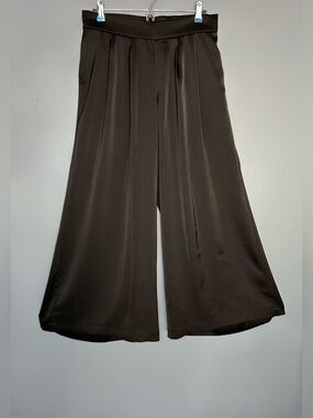 Nina Parker Pants Womens 0X (XL) Plus Black Satin Cropped Wide Leg Elastic Waist